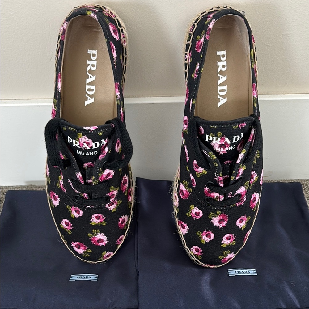 Prada Women's Black Floral Espadrille Sneakers